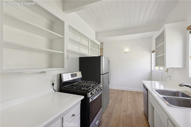 kitchen with white cabinetry, beamed ceiling, sink, light wood-type flooring, and stainless steel range with gas stovetop