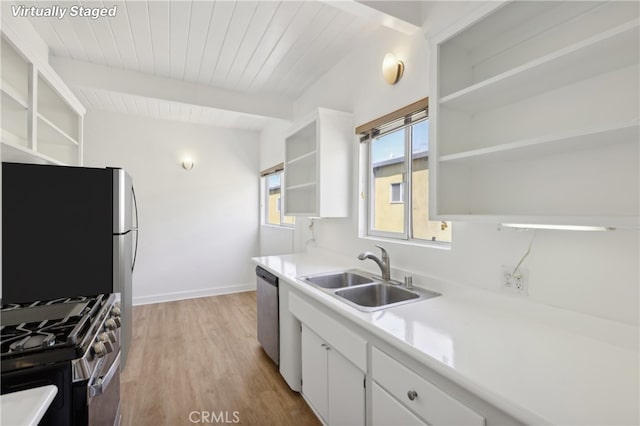 kitchen featuring beamed ceiling, sink, light hardwood / wood-style flooring, stainless steel appliances, and white cabinets