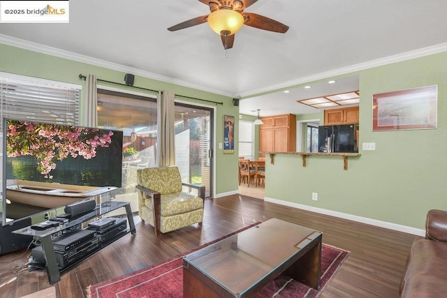 living room with ceiling fan, dark hardwood / wood-style floors, and crown molding