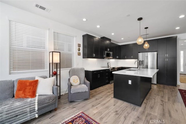 kitchen featuring pendant lighting, appliances with stainless steel finishes, light hardwood / wood-style floors, sink, and a center island with sink