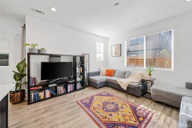 living room with light hardwood / wood-style floors