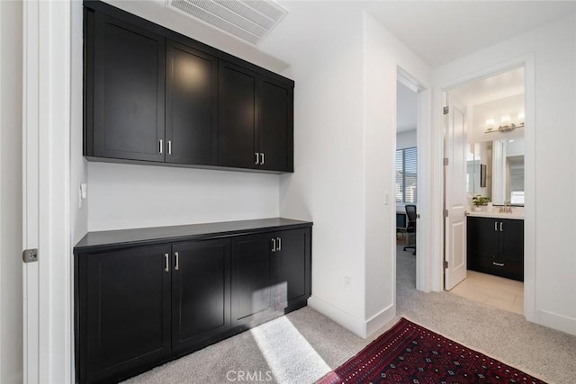 interior space featuring light colored carpet and sink