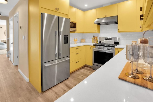 kitchen featuring backsplash, light hardwood / wood-style floors, and stainless steel appliances