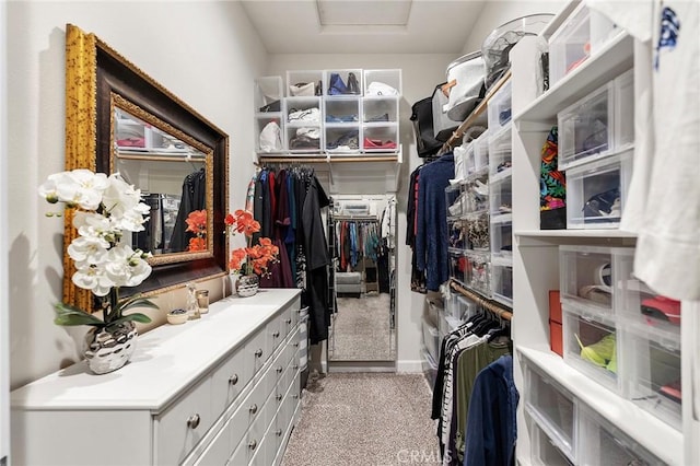 walk in closet with light colored carpet