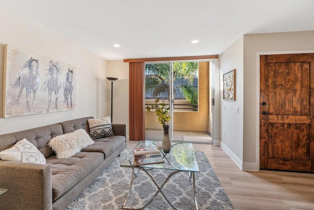 living room featuring a wall of windows and light hardwood / wood-style floors