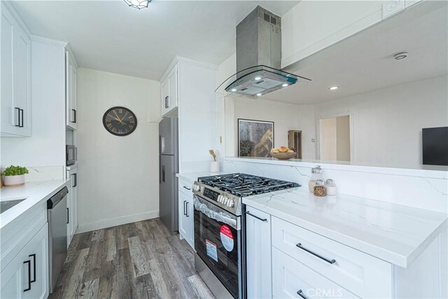 kitchen with white cabinetry, island range hood, stainless steel appliances, dark hardwood / wood-style floors, and light stone countertops