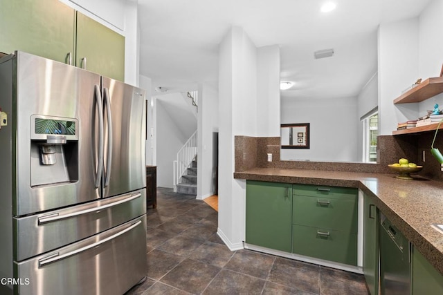 kitchen featuring decorative backsplash, open shelves, green cabinetry, and stainless steel fridge with ice dispenser