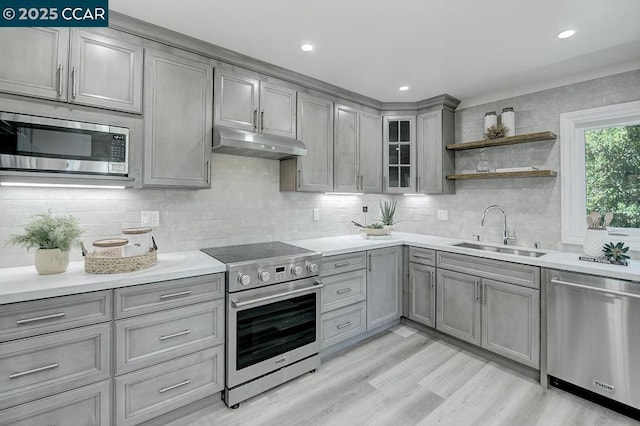 kitchen featuring backsplash, sink, light hardwood / wood-style flooring, gray cabinetry, and stainless steel appliances