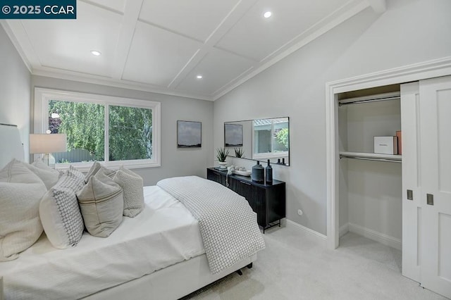 carpeted bedroom featuring lofted ceiling and crown molding