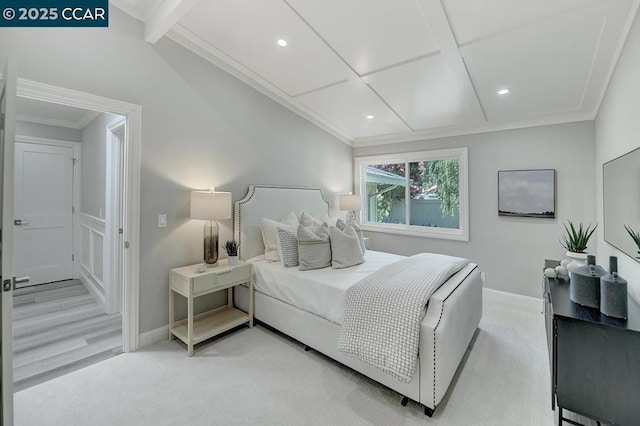 carpeted bedroom featuring crown molding