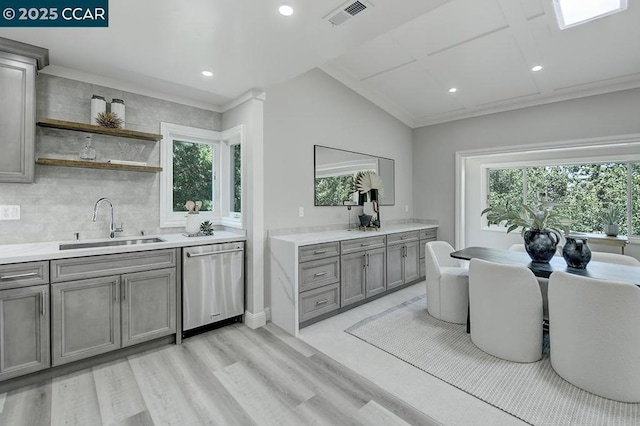 kitchen featuring a healthy amount of sunlight, dishwasher, light hardwood / wood-style floors, and sink