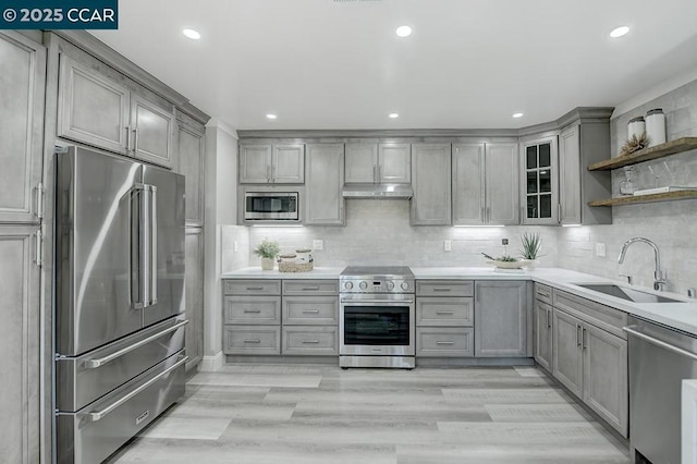 kitchen with sink, backsplash, gray cabinets, light hardwood / wood-style flooring, and high quality appliances