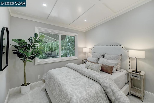 bedroom with light colored carpet