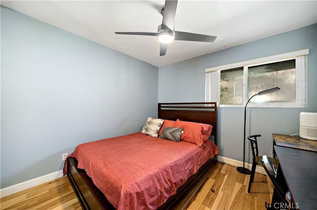 bedroom with ceiling fan and light wood-type flooring