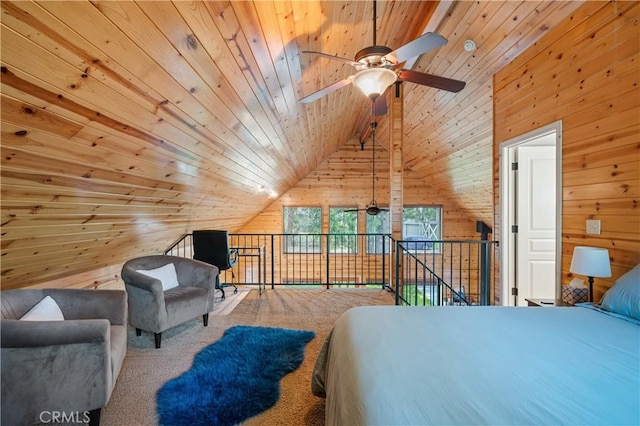 bedroom featuring carpet, wooden walls, wood ceiling, and vaulted ceiling