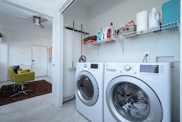 clothes washing area with ceiling fan and washing machine and clothes dryer