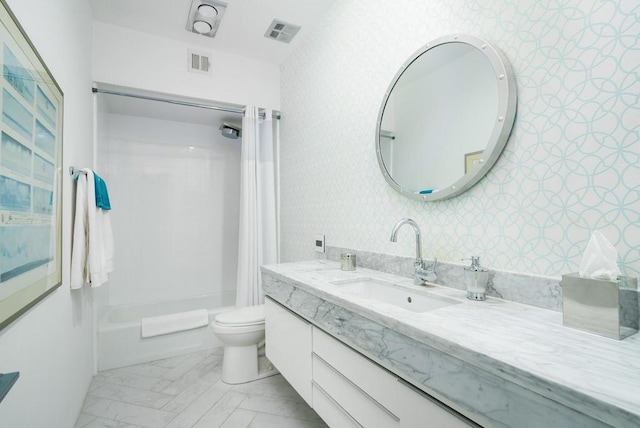 full bathroom with shower / bathing tub combination, toilet, and vanity