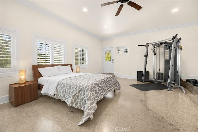 bedroom featuring ceiling fan and ornamental molding