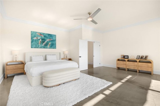 bedroom featuring ceiling fan and ornamental molding