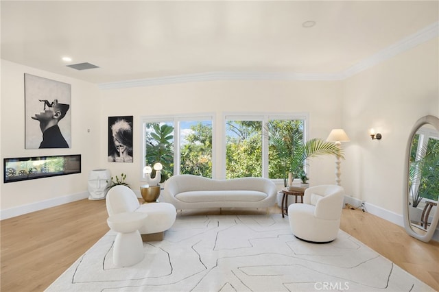 living area featuring crown molding and light wood-type flooring