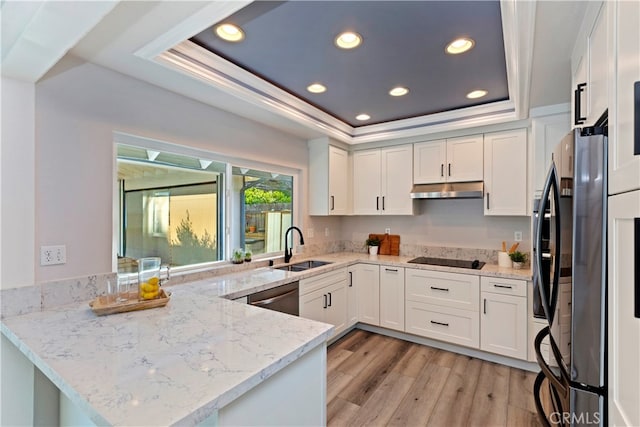 kitchen with white cabinets, kitchen peninsula, a tray ceiling, and light stone countertops