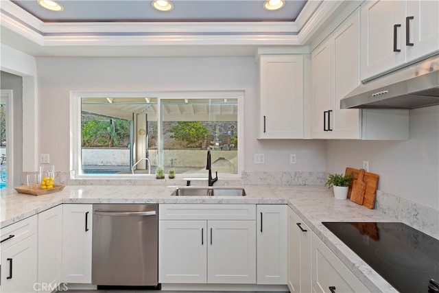 kitchen with white cabinetry, black electric cooktop, light stone countertops, stainless steel dishwasher, and sink