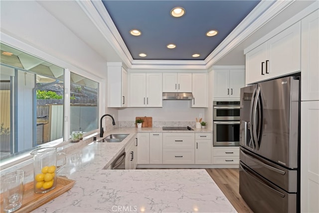 kitchen with appliances with stainless steel finishes, sink, crown molding, and white cabinetry