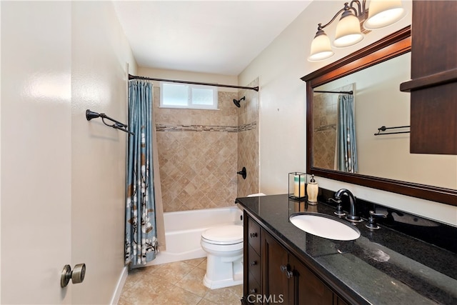 full bathroom featuring toilet, vanity, tile patterned flooring, and shower / bath combo with shower curtain