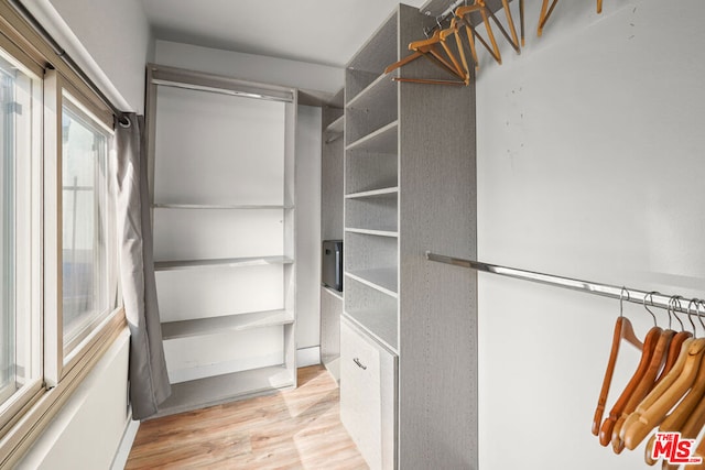 walk in closet with light hardwood / wood-style floors