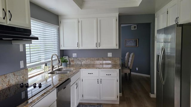 kitchen with sink, white cabinetry, a raised ceiling, and stainless steel appliances