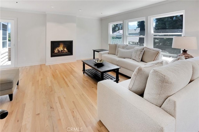 living room with hardwood / wood-style flooring and ornamental molding