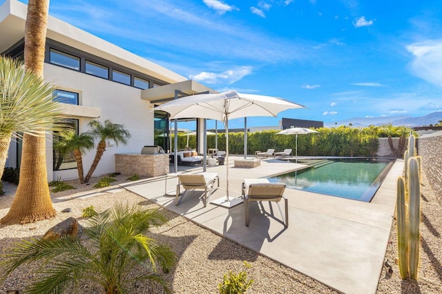 view of swimming pool featuring an outdoor kitchen and a patio area