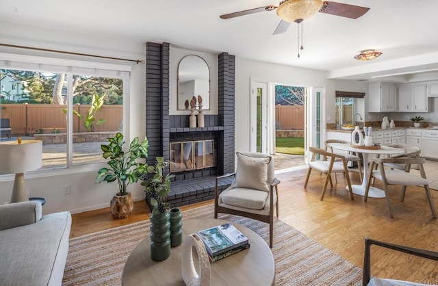 living room featuring light wood-type flooring, a healthy amount of sunlight, and a fireplace