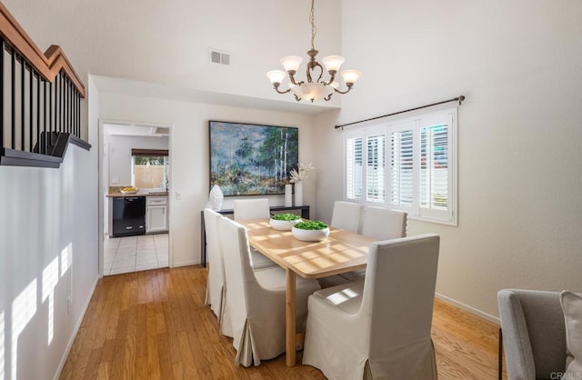 dining area featuring light wood-type flooring and a notable chandelier