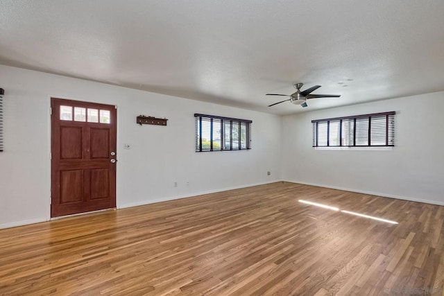 foyer with ceiling fan, light hardwood / wood-style flooring, and a healthy amount of sunlight