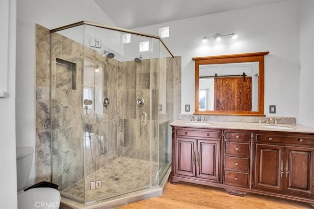 bathroom with a shower with shower door, hardwood / wood-style floors, and vanity