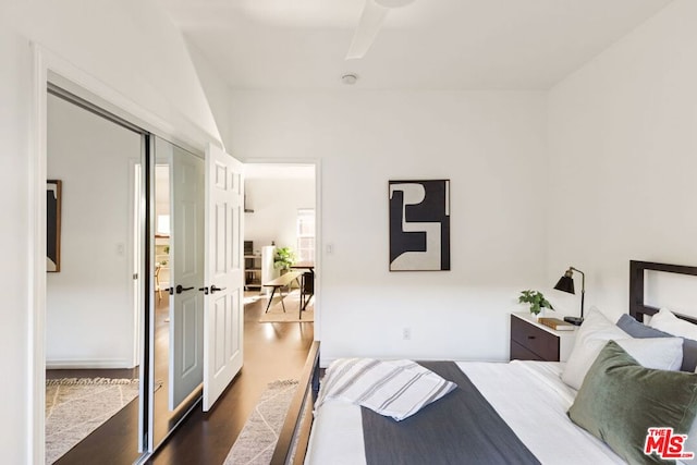 bedroom featuring dark wood-type flooring and a closet