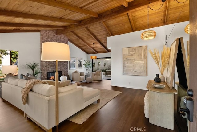 living room with wooden ceiling, dark hardwood / wood-style floors, a fireplace, high vaulted ceiling, and beam ceiling