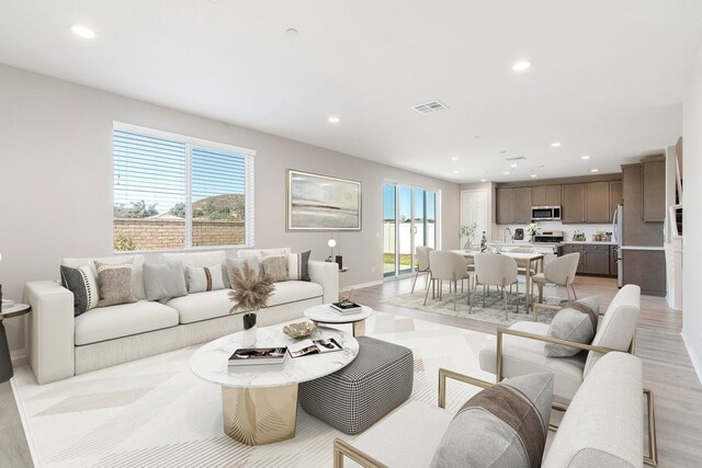 living room featuring a wealth of natural light and light hardwood / wood-style flooring