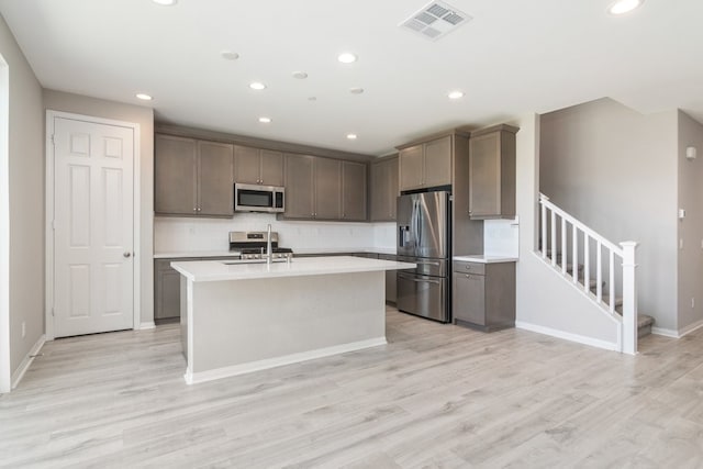 kitchen featuring backsplash, appliances with stainless steel finishes, an island with sink, and light hardwood / wood-style floors