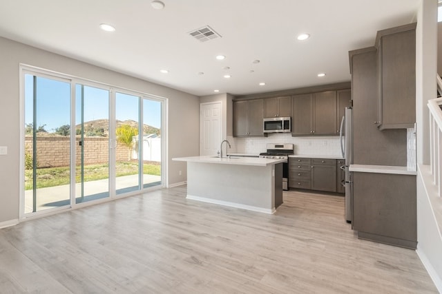 kitchen with an island with sink, light wood-type flooring, appliances with stainless steel finishes, and sink