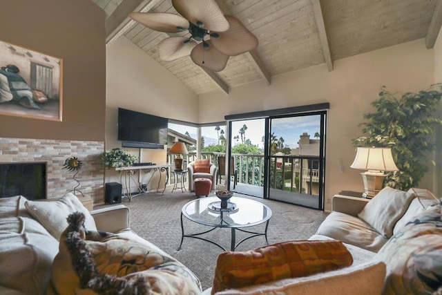 carpeted living room with ceiling fan, wood ceiling, beamed ceiling, and high vaulted ceiling