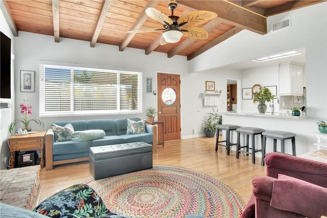 living room featuring ceiling fan, wood ceiling, light hardwood / wood-style flooring, and lofted ceiling with beams