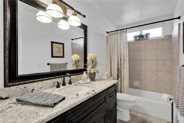 full bathroom featuring toilet, tile patterned floors, shower / bath combo, and vanity