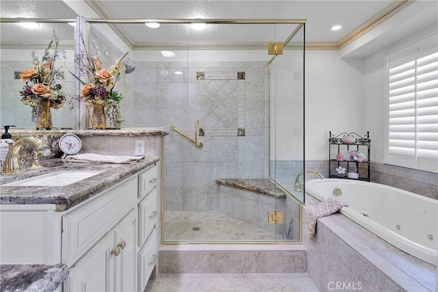 bathroom featuring tile patterned floors, vanity, ornamental molding, and separate shower and tub