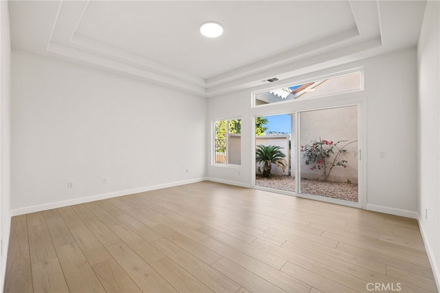 spare room featuring light wood-type flooring and a tray ceiling