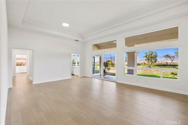 empty room featuring a high ceiling, light hardwood / wood-style flooring, and a raised ceiling