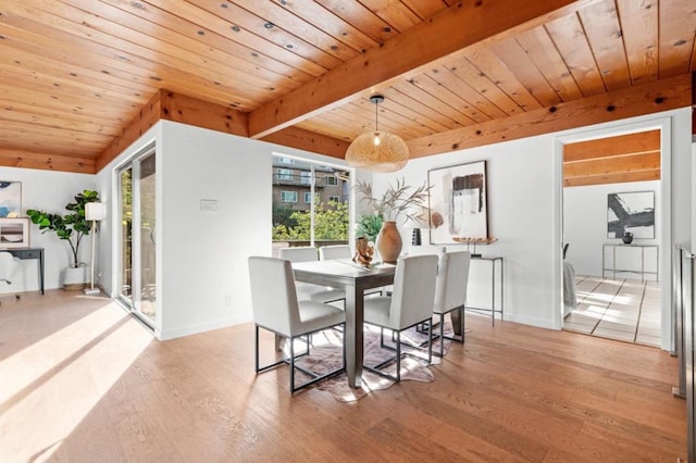 dining room with beam ceiling, wood ceiling, and light hardwood / wood-style floors