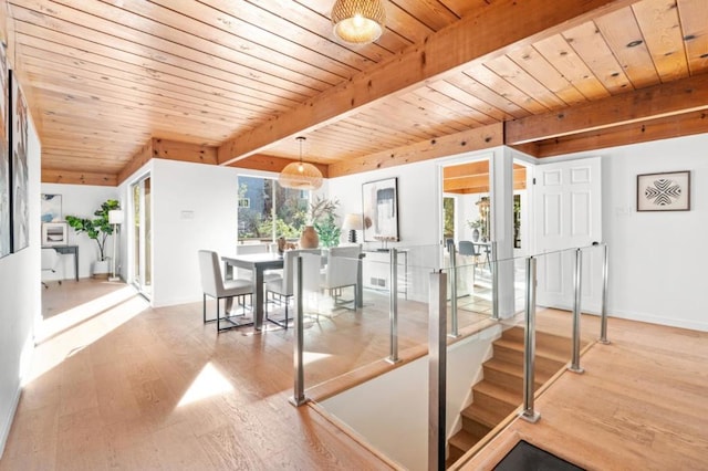 dining room featuring wooden ceiling, wood-type flooring, and beam ceiling