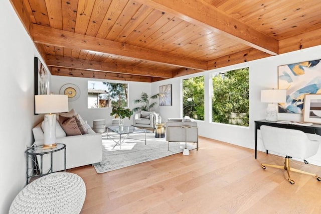 living room featuring light wood-type flooring, wooden ceiling, and beamed ceiling